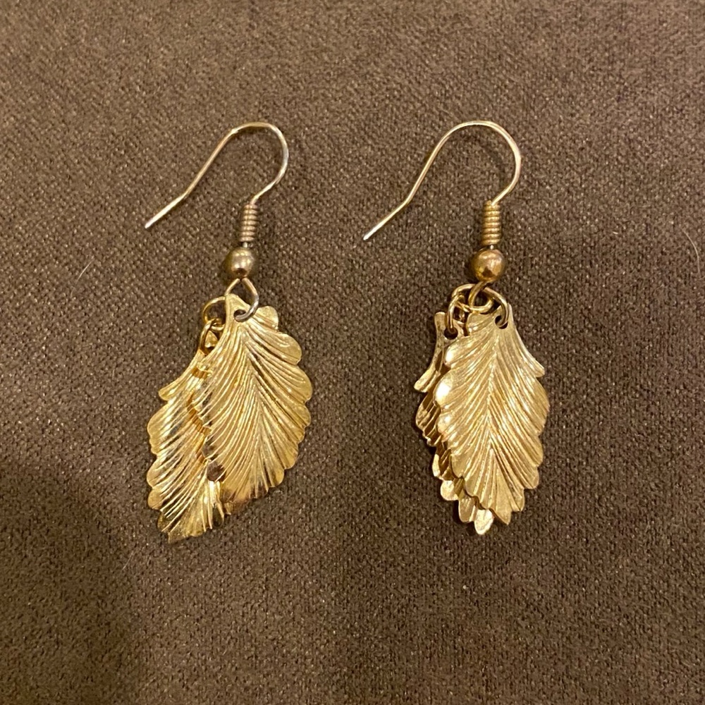Gold Plated Double Leaf Dangle Earrings